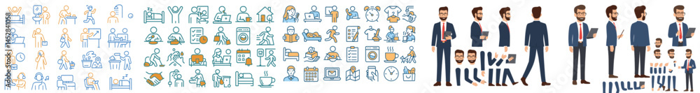Poster business situations illustrated with characters engaging in various professional activities in a mod
