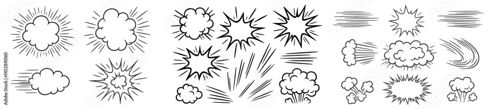 Poster various dynamic explosion and impact illustrations showcasing different styles and effects in black 