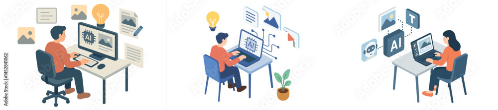 Poster Illustration of people engaged in digital work with computers in an office setting