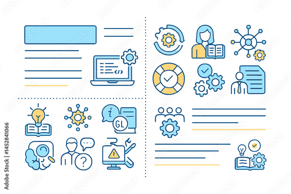 Poster Visual representation of teamwork in a project management setting with icons demonstrating collaboration and problem-solving strategies
