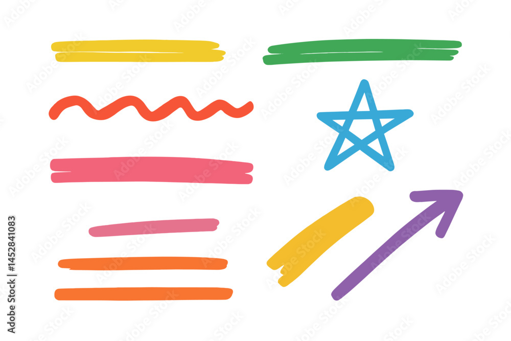 Poster colorful hand-drawn lines and shapes created on a white background in a creative workspace setting