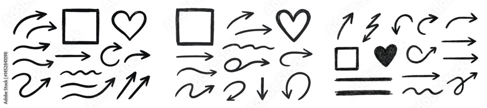 Aufkleber black and white hand-drawn arrows and shapes displaying various directions and emotions on a texture