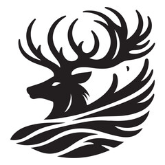Black and white illustration, deer head silhouette, majestic antlers, minimalist design, elegant profile, stylized wildlife art, sharp contrast, vector graphic style, iconic logo design.