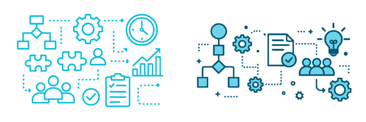 Digital workflow concepts featuring teamwork, process optimization, and project management elements in a modern design