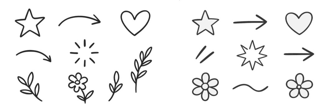 Collection of hand-drawn doodles featuring stars, hearts, flowers, and decorative arrows in a playful design