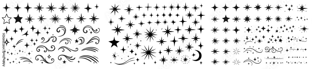 Poster collection of decorative star and swirl designs on a white background for graphic projects and creat