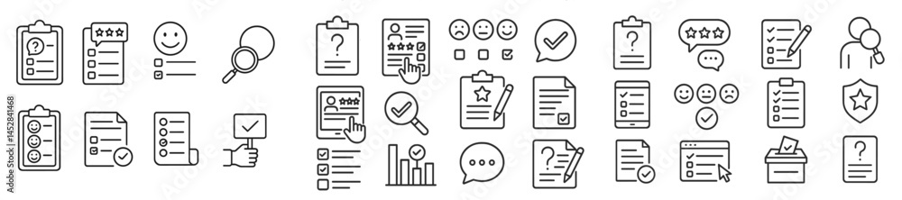 Poster line art collection of various icons depicting feedback forms, checklists, and rating systems in a s