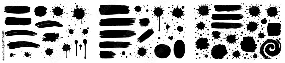 Poster Collection of abstract black paint strokes and splatters on a white background showcasing diverse artistic elements