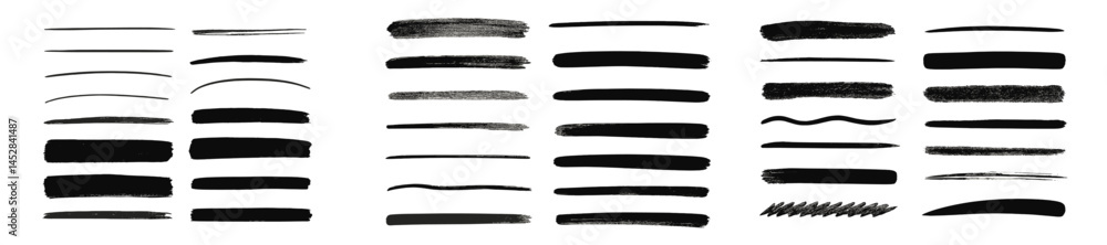 Poster various brush stroke patterns created with black ink on white background for artistic design