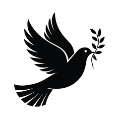 Minimalist Black and White Illustration of Flying Dove with Olive Branch, Symbol of Peace, Hope, Love, and Freedom, Suitable for Humanitarian and Religious Themes