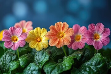 A row of colorful flowers with fresh green leaves blooming