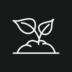 White Outline Icon of a Sprout in Soil on Black Background Growth, Nature, and Agriculture Symbol