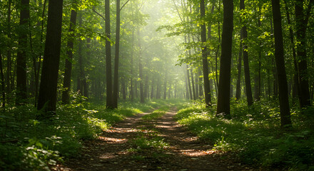 Obraz premium Serene Forest Pathway Surrounded by Lush Greenery in Soft Light