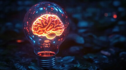 A light-bulb containing a luminous wire-framed brain, with a dark background featuring red and blue bokeh effects and a network pattern on the base.