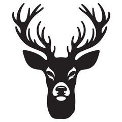 Naklejka premium Black and white illustration, deer head silhouette, majestic antlers, minimalist design, elegant profile, stylized wildlife art, sharp contrast, vector graphic style, iconic logo design.