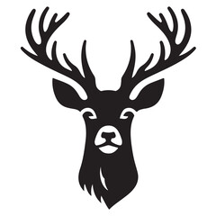 Naklejka premium Black and white illustration, deer head silhouette, majestic antlers, minimalist design, elegant profile, stylized wildlife art, sharp contrast, vector graphic style, iconic logo design.