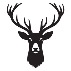 Black and white illustration, deer head silhouette, majestic antlers, minimalist design, elegant profile, stylized wildlife art, sharp contrast, vector graphic style, iconic logo design.