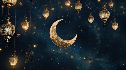 Ramadan Night Crescent Moon  Glowing Lanterns.