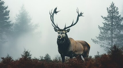 Naklejka premium A majestic stag with large antlers emerging from a misty pine forest in dramatic black-and-white grayscale.