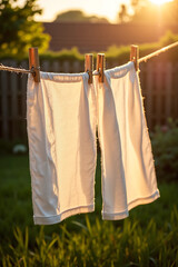 washed white linens hanging on a traditional clothesline outdoors during golden hour. The linens gently sway in the warm breeze, casting soft flowing shadows onto themselves and the ground below.