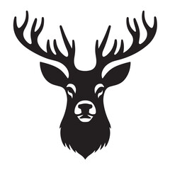 Naklejka premium Black and white illustration, deer head silhouette, majestic antlers, minimalist design, elegant profile, stylized wildlife art, sharp contrast, vector graphic style, iconic logo design.