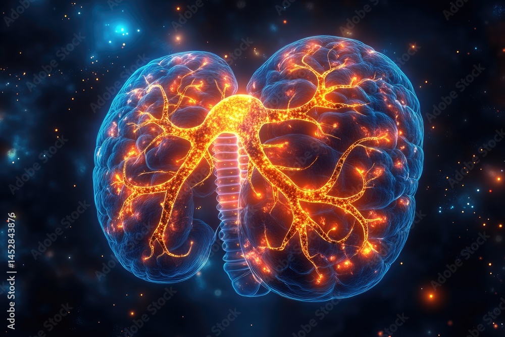 Poster artistic representation of the human brain and neural pathways lighting up