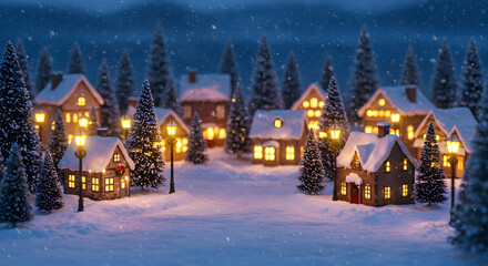 Fototapeta premium Cozy Winter Village with Snowy Houses and Soft Glowing Lights