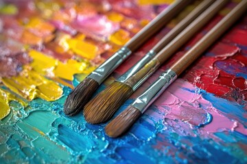Obraz premium Artistic paintbrushes lie on a colorful and textured paint palette