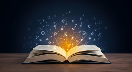 Mystical Open Book with Floating Letters and Magical Light Effects