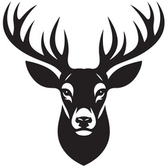 Black and white illustration, deer head silhouette, majestic antlers, minimalist design, elegant profile, stylized wildlife art, sharp contrast, vector graphic style, iconic logo design.