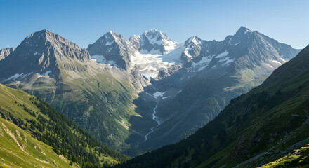 Obraz premium Majestic Mountain Landscape with Snow-Capped Peaks and Green Hills