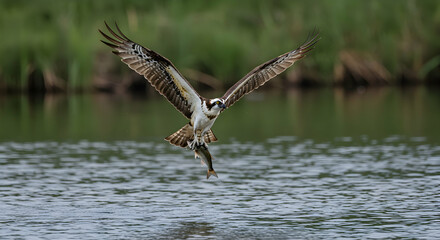 Majestic Osprey Diving to Catch Fish Over Serene Water Surface