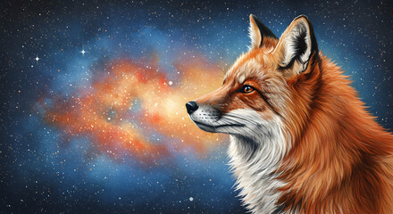 Fototapeta premium Majestic Fox in Cosmic Space with Vibrant Starry Background