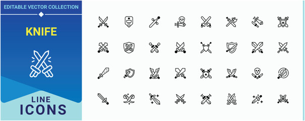 Set of Knife line icon. Pictograms of battle, medieval, sword, sharp and more. Sword And Knife line icon set. Trendy minimal icons. Editable stroke. Vector illustration.