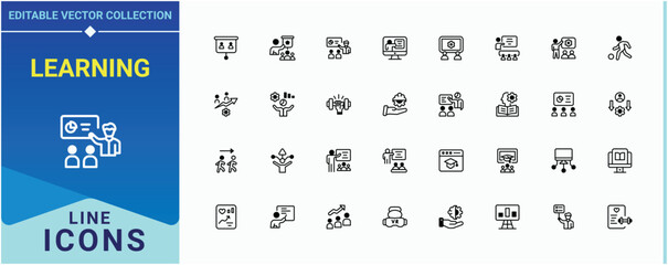Learning icon set. Contains related to education, coaching, instruction, career and more. Training modern icon set. Collection for mobile and web apps. Pixel perfect. Editable vector.