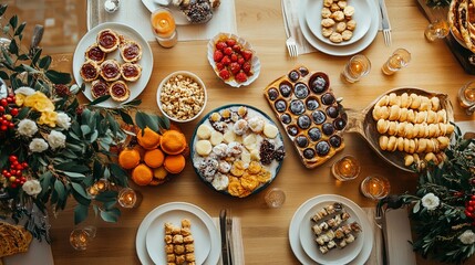 Fototapeta premium Festive Table with a Variety of Fruit and Pastries