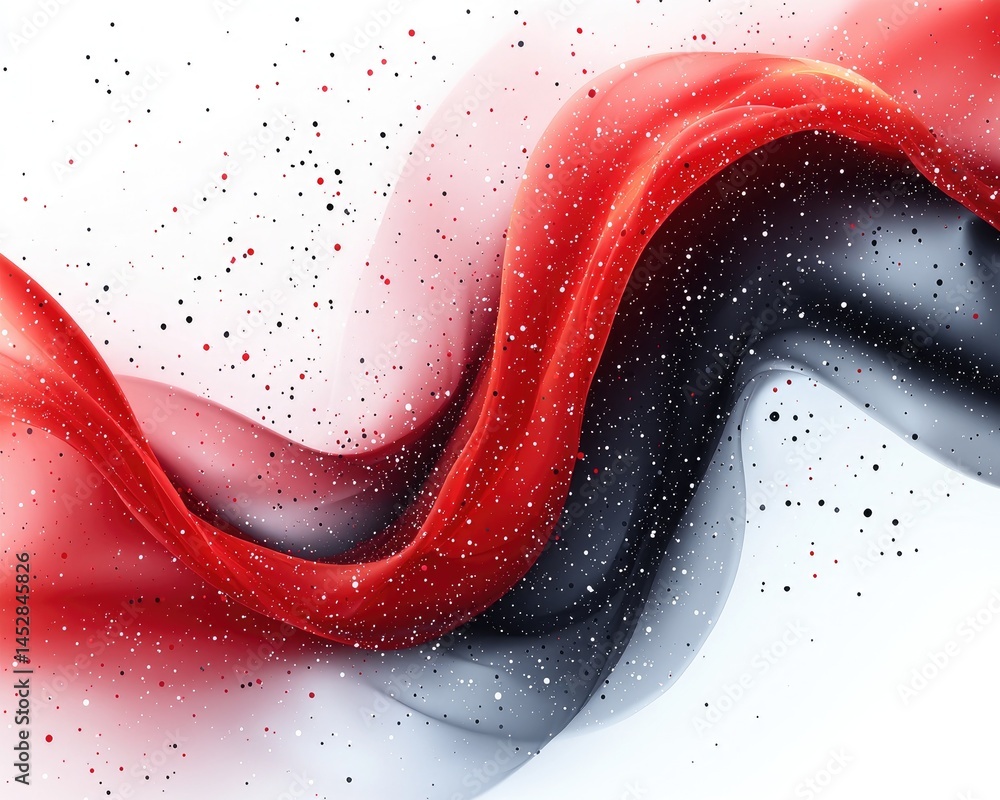 Poster abstract red and black flowing fabric with sparkles on a white background