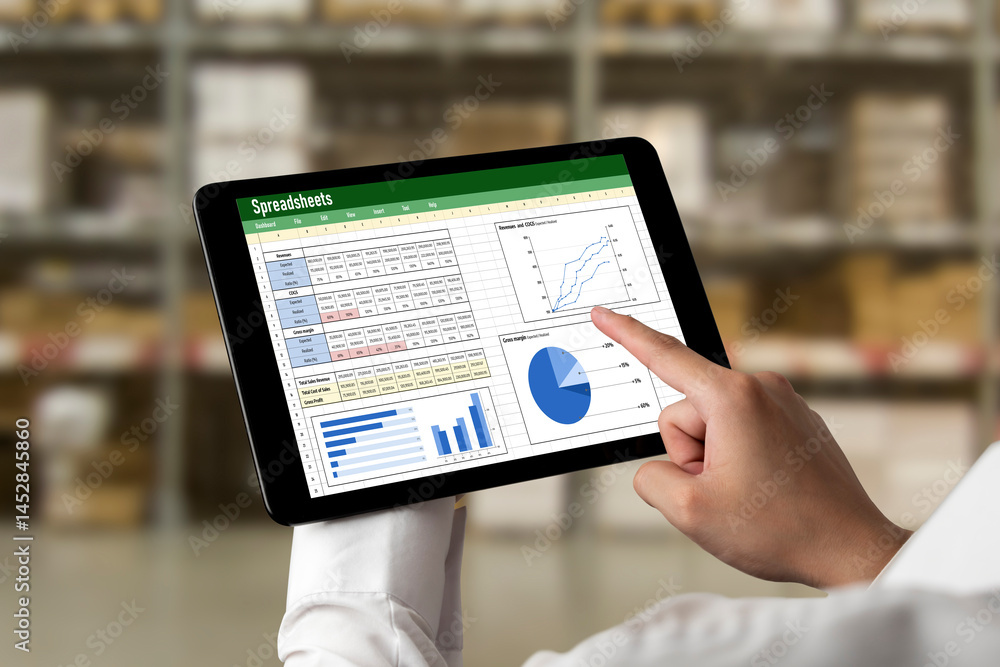 Poster spreadsheet document information financial startup concept. data and graphs in spreadsheet documents