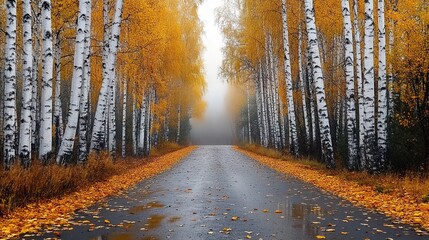 A birch tree forest path with black-and-white trunks, golden leaves, fallen foliage, and distant mist.