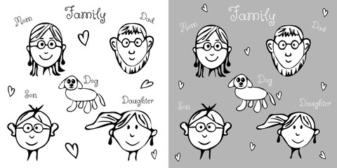Hand drawn black and white illustration of happy Family portrait with mom, dad, son, daughter and dog. Cute doodle style for Happy Family Day, for kids education, posters and educational materials.