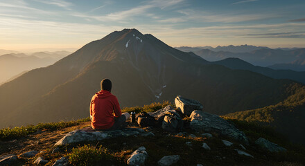 Fototapeta premium Serene Hiker Overlooking Majestic Mountain Landscape at Sunrise
