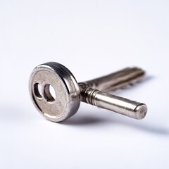 Close-up of a uniquely designed metal key resting on a stark white surface