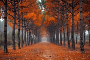 A scenic autumnal path lined with tall trees in a forest