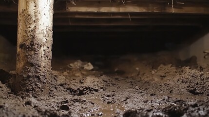 A muddy crawlspace with wooden beams and a dark interior.