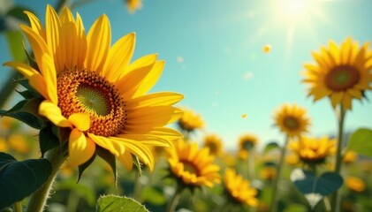 Obraz premium Vibrant sunflowers, scattered pearls, sunlit scene , sun, blossom