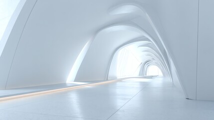 A sleek and futuristic tunnel, adorned with smooth, white, curving walls. The tunnel leads to a glowing, white light in the distance. The light appears inviting and mysterious.