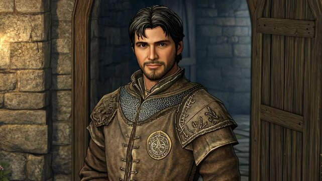A man in leather armor stands confidently in the doorway of a stone castle in a medieval setting. An RPG NPC character.