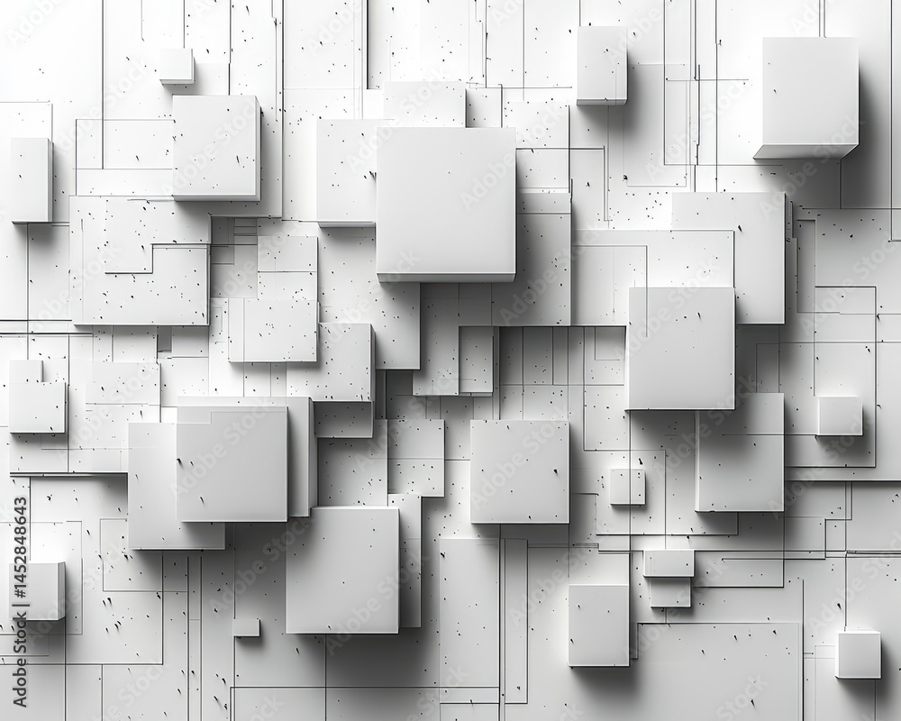 Poster abstract composition of white cubes on a textured background with lines