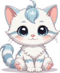 A cute cartoon kitten, a happy domestic pet with a smile and adorable fur, sitting in a fun vector illustration