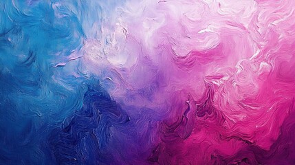An abstract oil painting with a blue-to-pink gradient and textured surface.